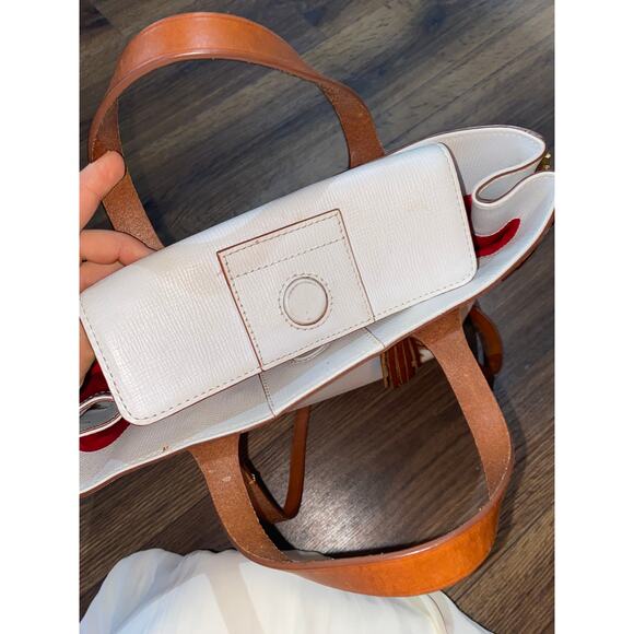 Dooney & Bourke Morgan Satchel White Pebbled Leather Bag Tan Trim Tassel Tote - Picture 4 of 14